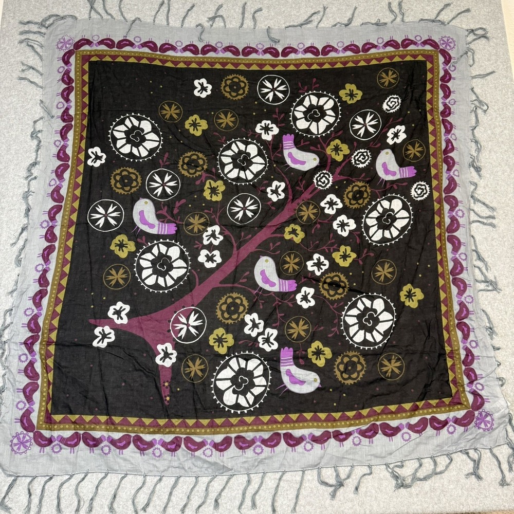 World Market Square Scarf 39x39 Fringe Bird Boho Uzbek Inspired Made in India